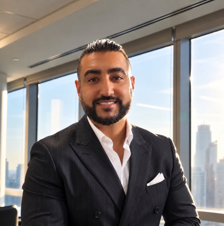 Professional man in black pinstriped blazer and white shirt smiling at camera in modern high-rise office with city skyline visible through windows