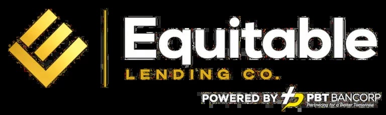 Equitable Lending Co. logo with yellow diamond icon and powered by PBT Bancorp tagline on black background